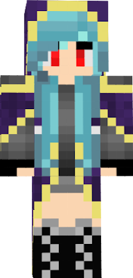 Girl with blue hair and red eyes. Has a gold rimed purple cloak and black high heels