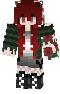 Goth girl with a rose crown and sleeve, hightop flats, fishnets, rosy eyes, chains, red hair, a torn green flannel and grey dress