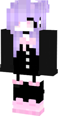 pink eyes and purple hair black shirt pink bow and black socks and pink shoes